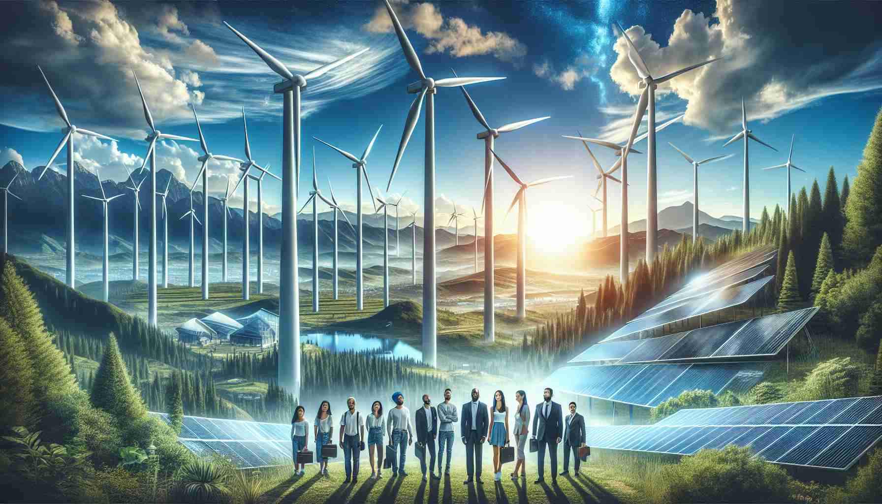 An ultra high-definition, realistic image capturing the essence of the Renewable Energy Revolution. Imagine the scene as follows: A skyline filled with towering, sleek wind turbines against a radiant blue sky, embodying the new era of sustainable power. To the side, there are advanced solar panels glistening in the robust sunlight, indicating the harnessing of solar energy. In the backdrop, there are majestic mountains and greenery, signifying untouched nature. Just below, a group of diverse people: a black woman, an Asian man, a Middle-Eastern woman, and a Caucasian man, who signify humanity reaping the benefits of this ecological progression.