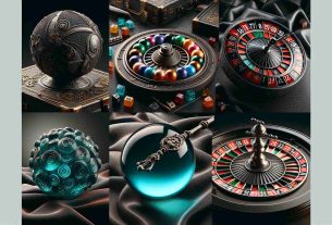 A high-definition picture featuring a variety of intriguing and novel methods to test one's luck. This could include a contemporary lottery system with vibrant colored balls, a digital roulette spinning with dizzying speed, an elegant teal-colored fortune-telling crystal ball amid a dark velvet cloth, or a peculiarly shaped die from an unknown board game. Use realistic and intricate details to evoke a sense of excitement and unpredictability.