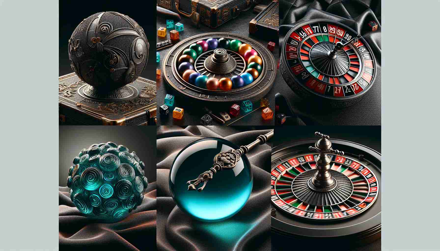 A high-definition picture featuring a variety of intriguing and novel methods to test one's luck. This could include a contemporary lottery system with vibrant colored balls, a digital roulette spinning with dizzying speed, an elegant teal-colored fortune-telling crystal ball amid a dark velvet cloth, or a peculiarly shaped die from an unknown board game. Use realistic and intricate details to evoke a sense of excitement and unpredictability.