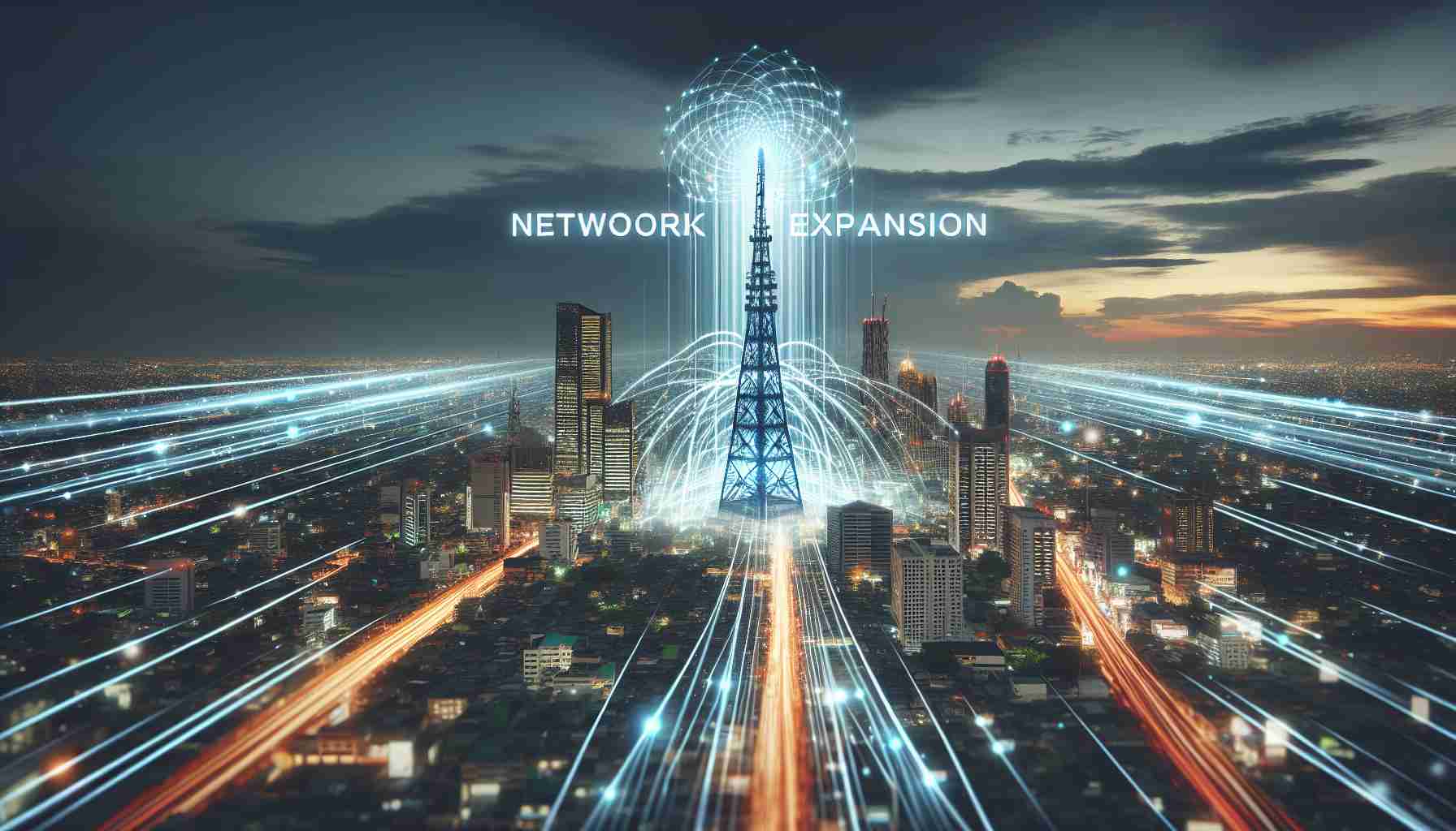 A high-resolution image portraying the concept of a large telecommunications company, symbolized by a tall tower standing out in a cityscape, acquiring a local internet provider, which is represented as a smaller building. The city is bustling with energy as rays of light symbolize the network connectivity being expanded in the area. The words 'Network Expansion' hover over the scene, to emphasize the idea.