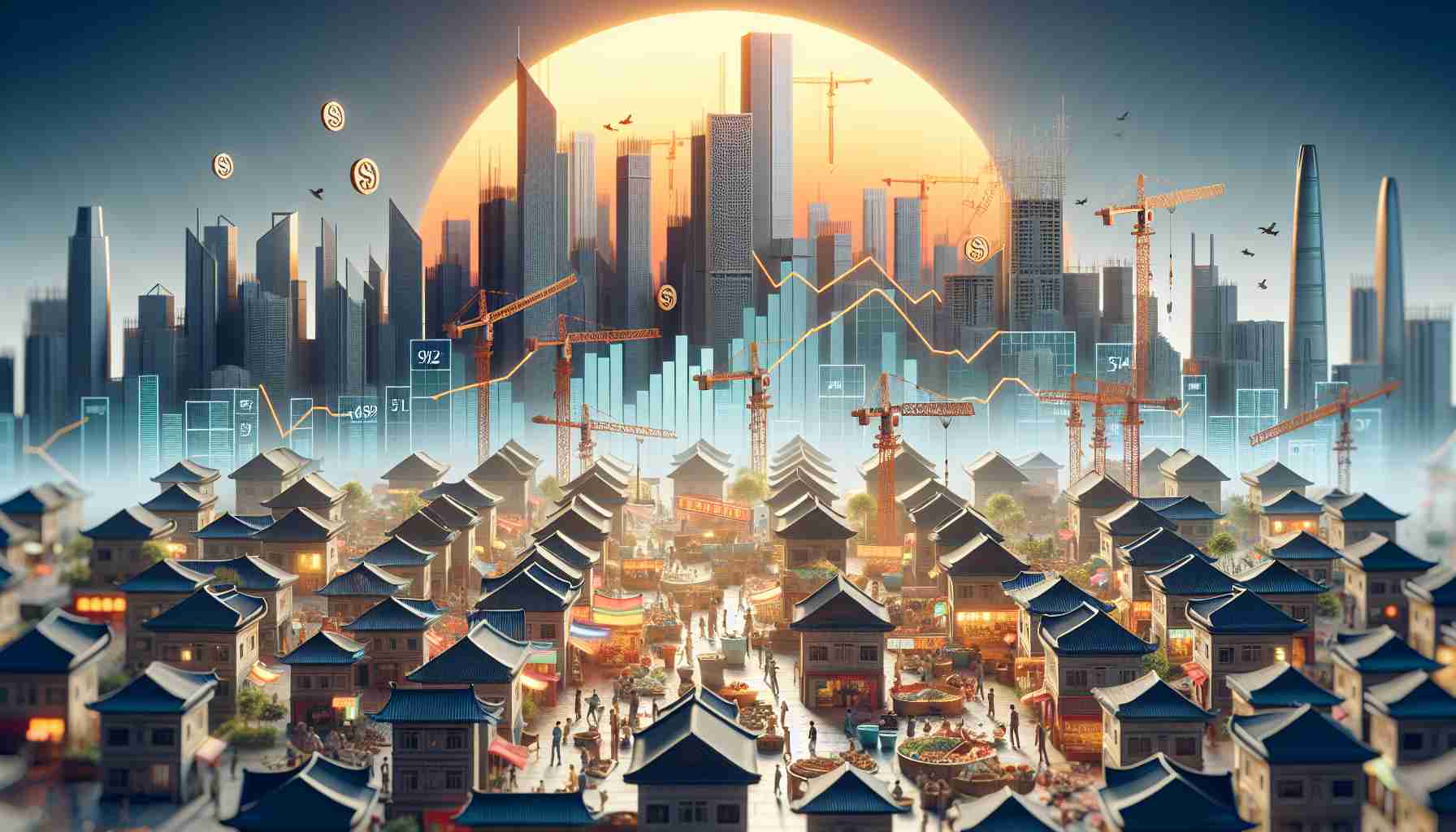 High-resolution, realistic image of a metaphorical representation of China reviving its housing market and economy. The scene depicts a rising sun behind a skyline with a variety of architectural structures symbolizing the housing market, such as skyscrapers, apartments, and homes. Cranes and construction workers of different genders and descents are seen actively building. In the foreground, there is a bustling market with shoppers and vendors of diverse descents and genders, representing a wide array of economic activities. Currency symbols and graphs are subtly integrated into the scene to represent economic growth.