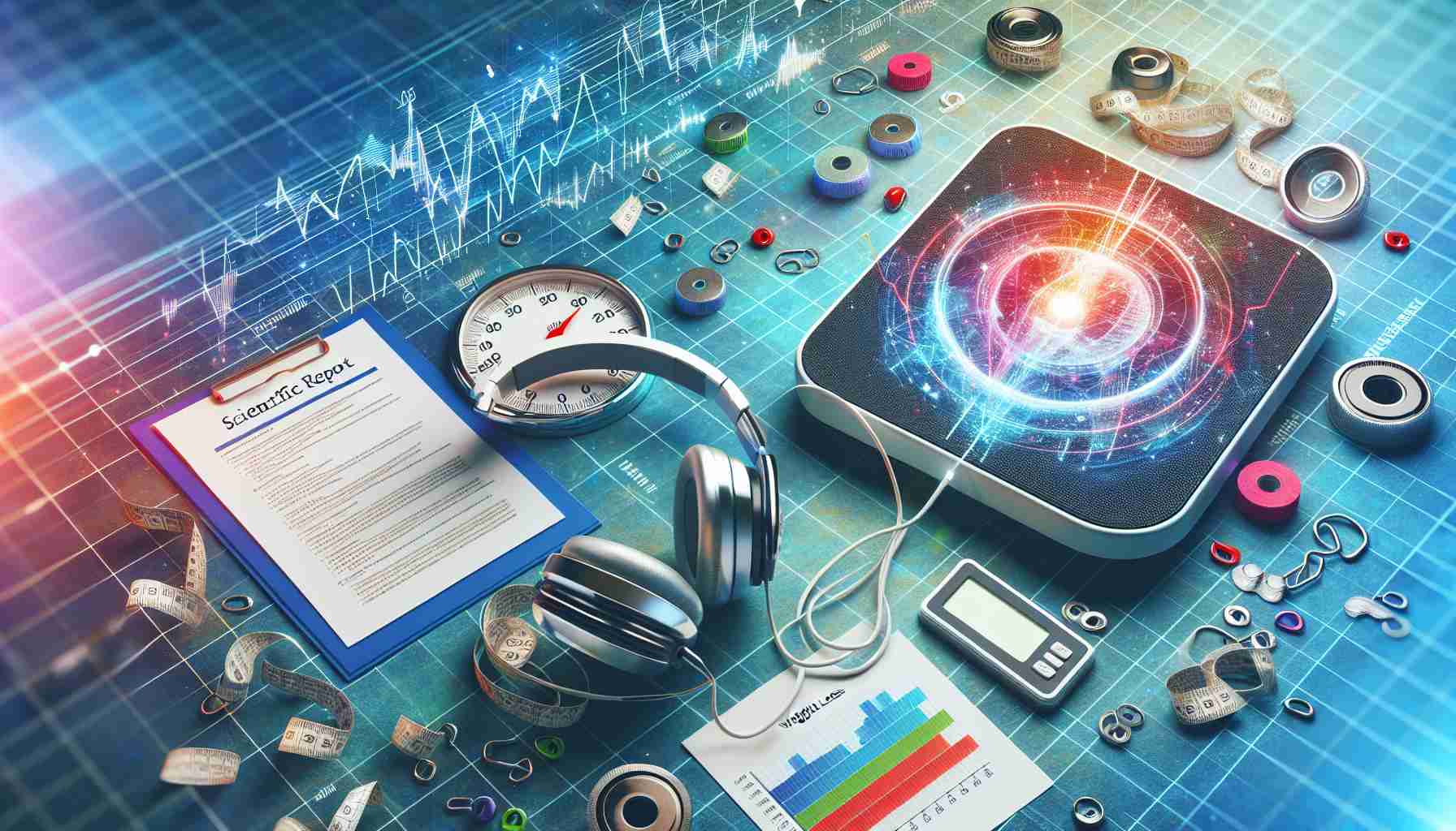 Generate a high definition, realistic image showcasing the concept of a new study revealing a surprising link between music and weight loss. The image could include elements such as a pair of headphones, a weight scale indicating loss, a scientific report with the title 'Music and Weight Loss', and maybe a small graph or chart illustrating the surprising correlation based on the study. Use vibrant colors to emphasize the newfound connection between these two seemingly unrelated topics.