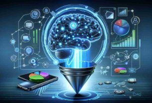 Illustration of a conceptual representation depicting the influence of artificial intelligence on modern marketing strategies. The image should include several elements: a glowing AI brain, symbolizing the power of artificial intelligence; a marketing funnel being fed data lines from this AI, symbolizing the targeted strategies; various marketing icons such as smartphone, pie charts, bar graphs, and a world map to portray a global reach. The overall mood should evoke a sense of futuristic technology seamlessly integrating into traditional marketing platforms to enhance their efficiency, all detailed with realistic rendering and high-definition quality.