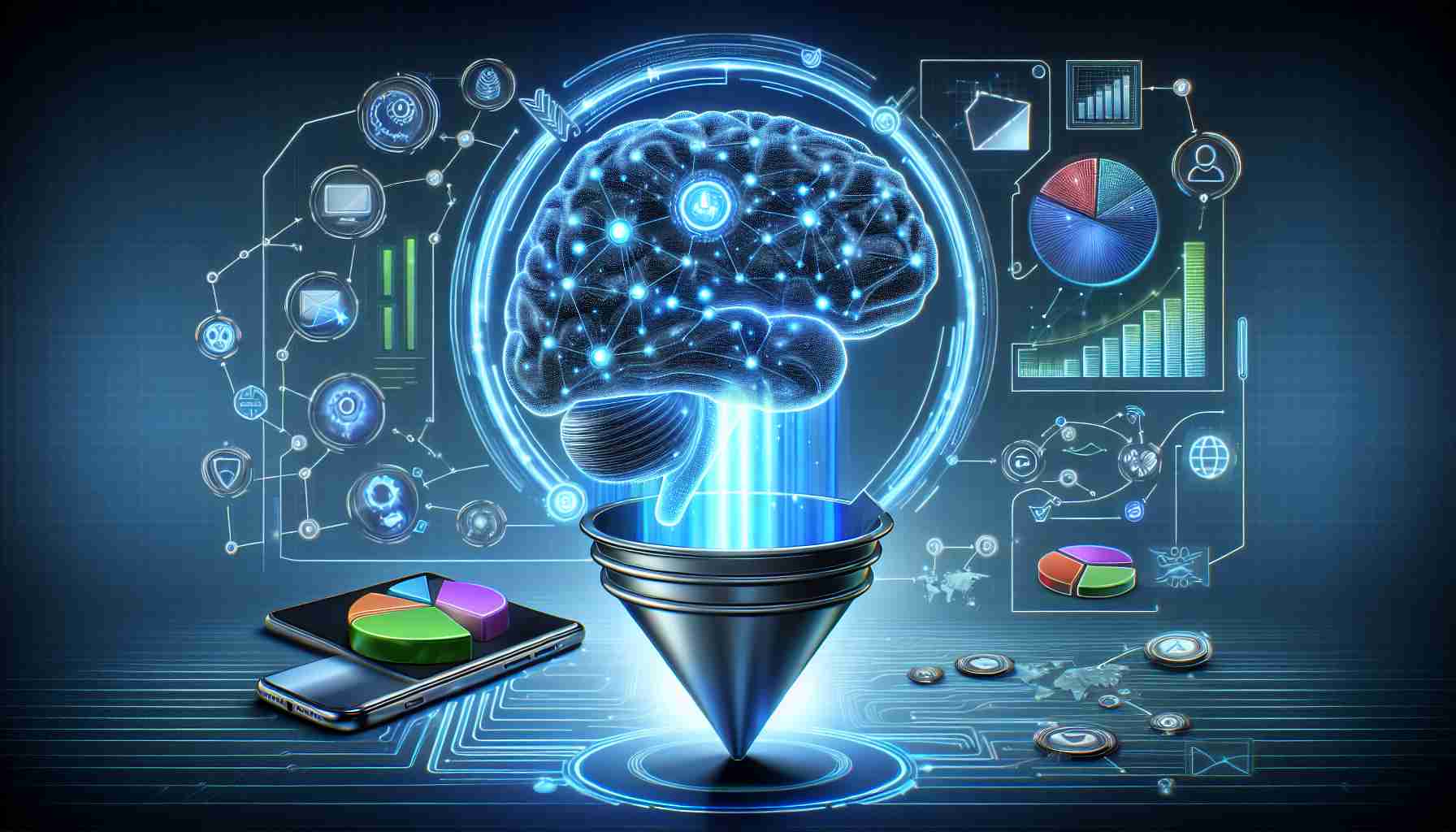 Illustration of a conceptual representation depicting the influence of artificial intelligence on modern marketing strategies. The image should include several elements: a glowing AI brain, symbolizing the power of artificial intelligence; a marketing funnel being fed data lines from this AI, symbolizing the targeted strategies; various marketing icons such as smartphone, pie charts, bar graphs, and a world map to portray a global reach. The overall mood should evoke a sense of futuristic technology seamlessly integrating into traditional marketing platforms to enhance their efficiency, all detailed with realistic rendering and high-definition quality.