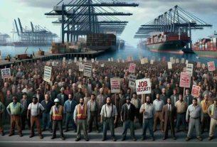 A hyper-realistic, high-definition depiction of an ongoing longshoremen strike, presenting a diverse group of individuals fighting for job security. The foreground presents a number of longshoremen of varying ethnicities such as Caucasian, Black, Hispanic, South Asian, Middle-Eastern, and others. Some are carrying placards and banners demanding job security. The backdrop captures the harborside at daytime with looming tall cranes and stacked containers. The overall image should persist a sense of unity, determination, and hardships amidst the maritime setting.