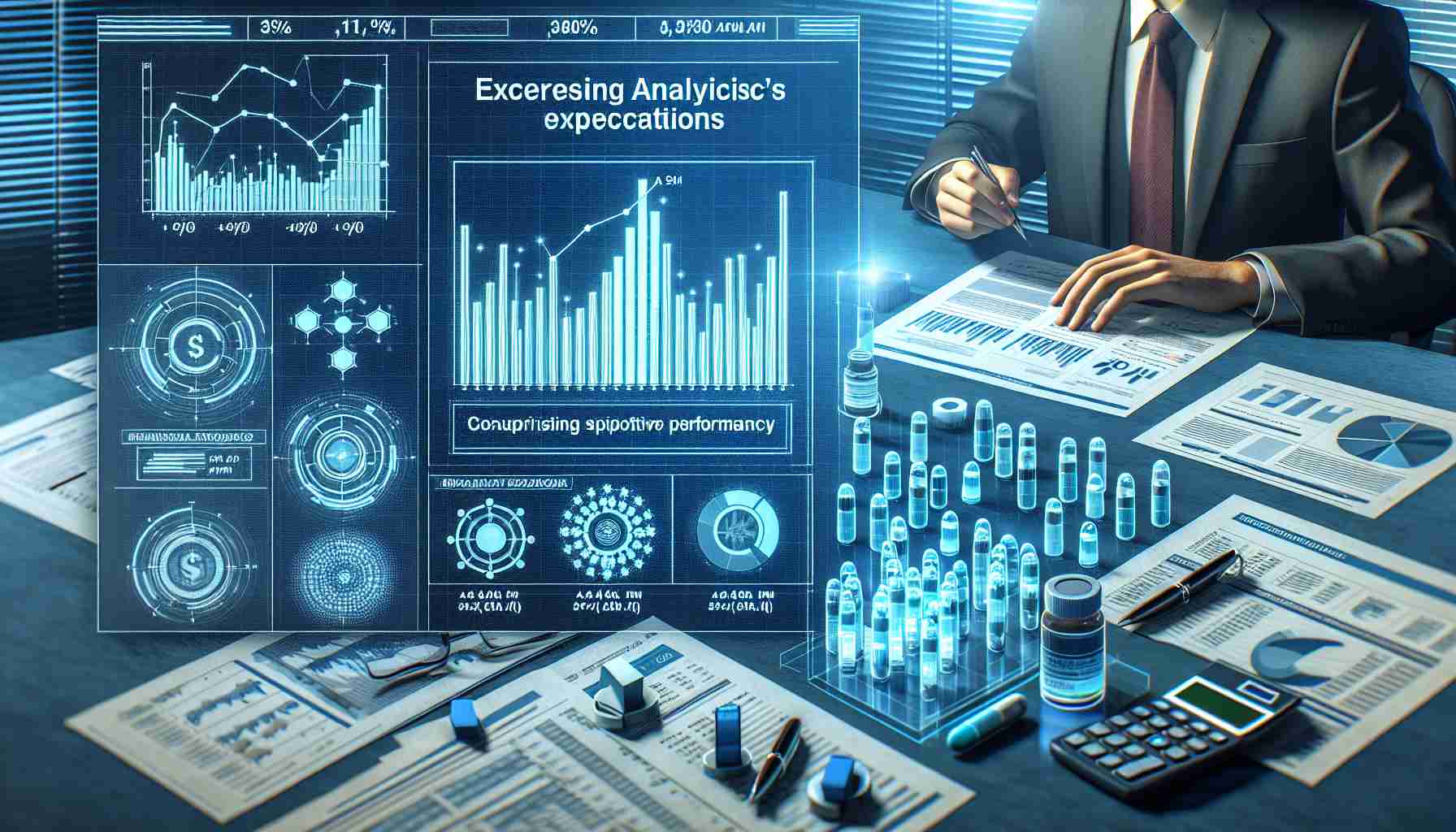 Generate a realistic HD image of a financial earnings report document for a non-specific pharmaceutical company, which has exceeded analysts' expectations, illustrated with charts indicating the surprising positive performance.