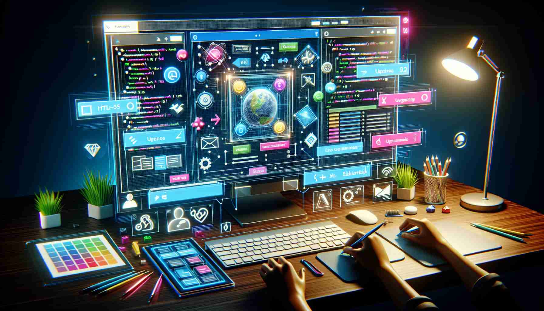 Generate a 3D, high-definition image of a computer screen that showcases a designer's editing toolset working on a modern, exciting website layout. The screen should be brightly lit, with vibrant elements indicating upgrades and improvements. Show signs of a work-in-progress status with some areas visibly being altered, perhaps including interface elements shifting, navigation menus being enhanced, and a slider with interactive high-resolution images inserted. To further imply ongoing progress, incorporate icons of coding languages like HTML, CSS, and JavaScript scattered across the workspace.