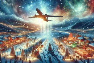 A realistic and high-definition image depicting an abstract representation of a commercial airline overcoming difficult circumstances and projecting a successful holiday quarter. The image should show an idyllic holiday setting, perhaps with subtle symbols of recovery and strength, such as an ascending airplane against a backdrop of bright, holiday-themed lights, snowy landscapes, and bustling airports filled with content passengers. The image should convey a positive and uplifting outlook, in line with the strong holiday quarter projection.