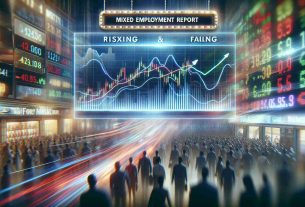 Create a realistic, high-definition image that conceptually represents mixed futures market performance before an important employment report is released. This could show a combination of rising and falling graphs, perhaps superimposed on a blur of busy stock market traders, with a marquee scrolling important headlines about the impending employment report.