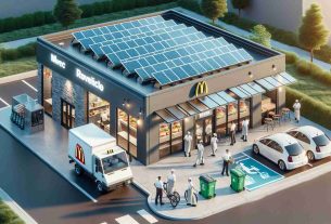 A realistic, high-definition image of a popular fast-food restaurant, symbolizing their embrace of sustainable practices for future growth. One can see the facility equipped with renewable energy resources like solar panels on the roof, a recycling station outside, and a hybrid electric delivery vehicle parked nearby. Employees, both male and female, of various descents such as Hispanic, Caucasian, and South Asian, are seen efficiently operating the establishment, showcasing the future of sustainable business in the fast-food industry.