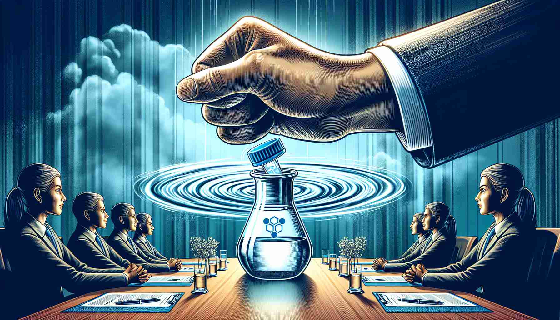 A illustrative HD image that signifies a major change in the pharmaceutical sector instigated by a new activist investor. Picture shows a hand shaking a pharmaceutical flask triggering ripple effects, signifying a shake-up in the industry. The context is a corporate boardroom to symbolise the high-stakes, strategic decisions made by investors in this industry. Maintain a realistic approach to the scene.