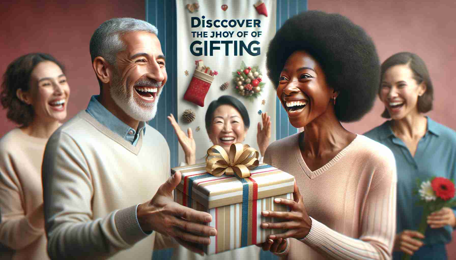 A high-definition, realistic representation of a positive and joyful scene involving gifting. Include the excitement and anticipation of one person giving a wrapped gift to another. The person giving the gift should be a young, Black female, with curly hair, and cheerful expression. And the recipient should be a middle-aged, Caucasian male with short hair, showing surprise and happiness. This moment should exude the pleasure of giving, love, friendship and celebration. Also, include a banner in the background that reads 'Discover the Joy of Gifting' to embody the essence of this delightful activity.