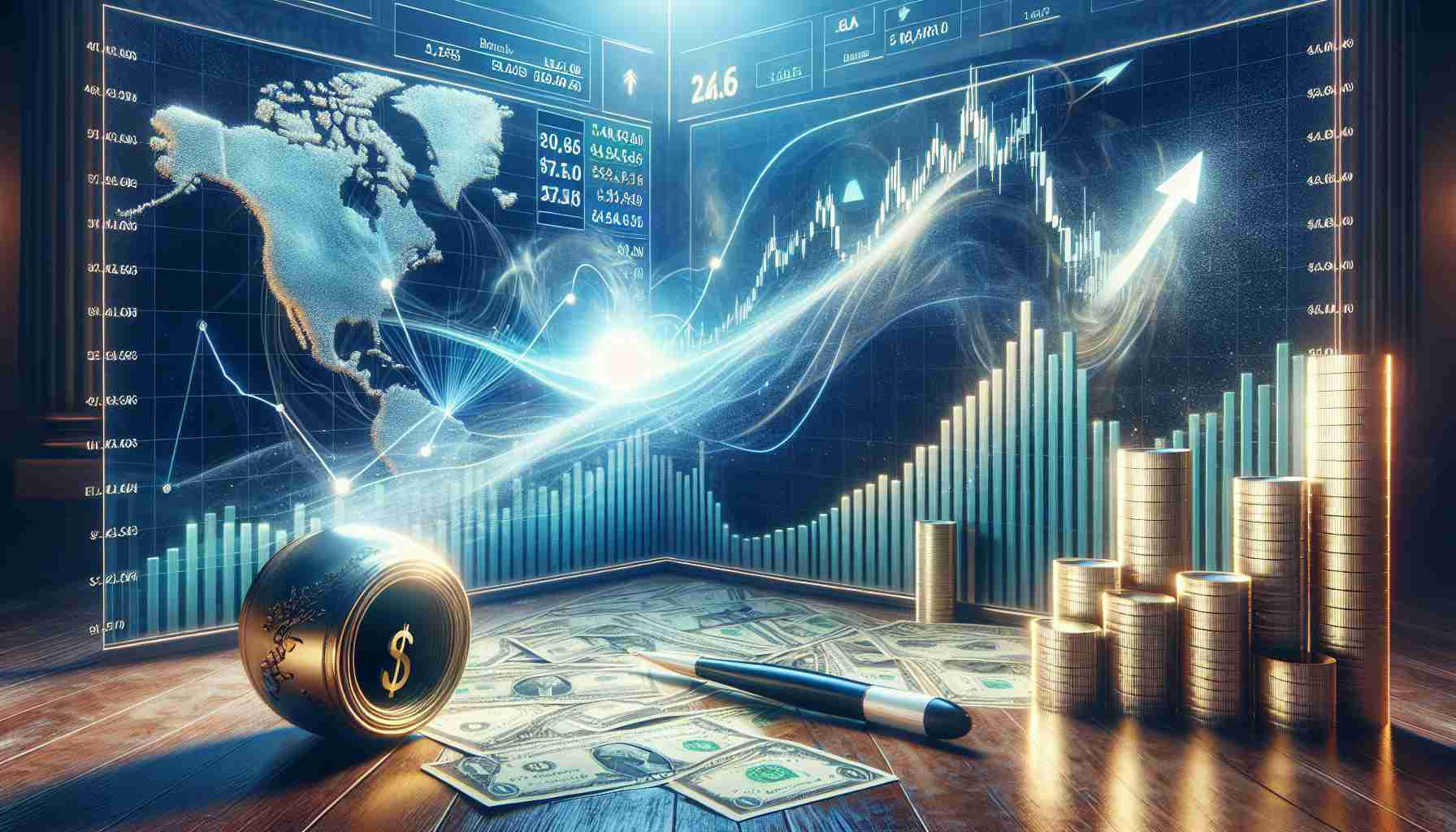 Visualize a realistic, high-definition image that metaphorically represents the future trajectory of US stocks after bank earnings announcements. Possible elements can include a rising or falling stock market graph, dollar signs, representations of banks or banking symbols, and other relevant financial imagery.