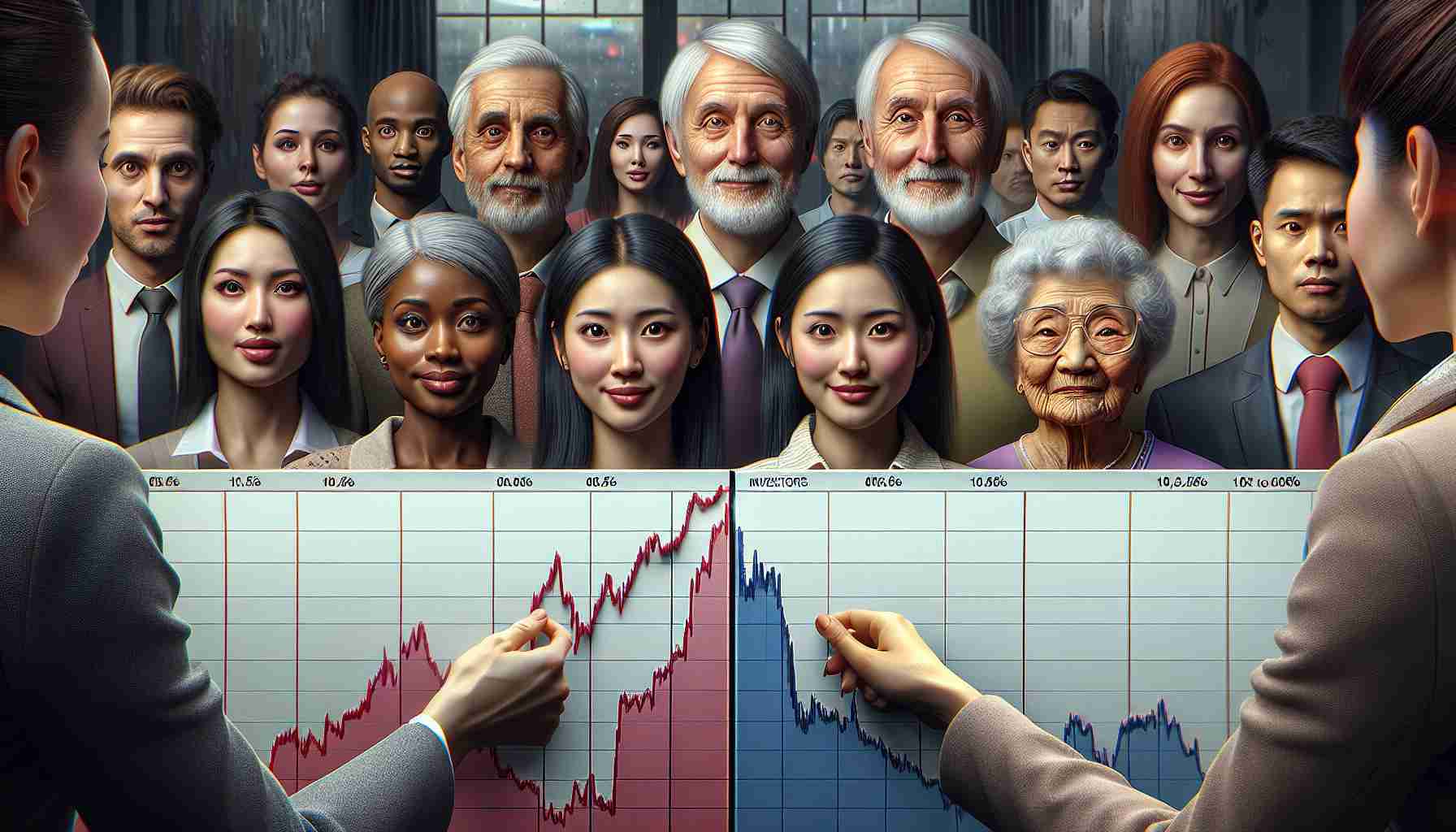 A high-definition, hyper-realistic image depicting the situation of two distinct groups representative of consumers and investors. On one side, show a group of diverse people, such as a Black woman, Hispanic man, and a White elderly couple, looking at a graph on a board shows the decline of interest rates. The expressions on their faces should indicate relief and satisfaction. On the other side, depict an Asian businessman, a Caucasian middle-aged woman, and a South Asian young woman, who are following the same graph but show uncertainty or concern. This dichotomy shall illustrate the impact of lower interest rates on consumers and investors.