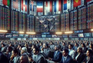 A high-definition, realistic image showing various global stock markets reacting to the anticipated outcome of a significant event in a major western country. The image should depict a bustling trading floor with a diverse group of traders, both male and female, from different descents like Caucasian, Black, Asian, and Hispanic. Their faces show intense focus and anticipation as they closely monitor the fluctuating stock prices displayed on big digital screens in the background. Global flags hang from the ceiling, symbolizing the international nature of trading and finance.